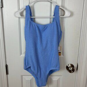 Kona Sol Full Coverage Pucker Textured Square Neck One Piece Swimsuit Small Blue